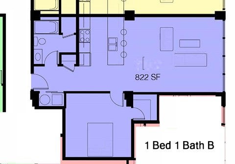 Floor plan for 1 bed, 1 bath, 821 sqft